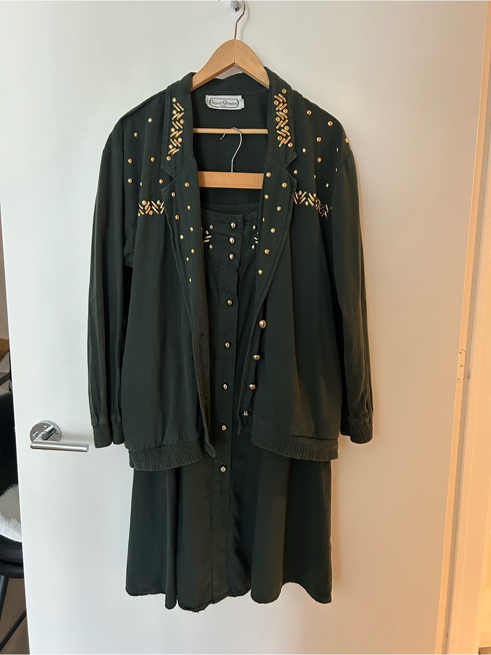 Olive Green Embellished Women's Dress & Jacket Set